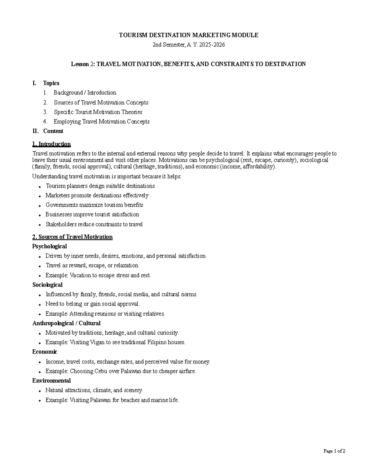 TOURISM DESTINATION MARKETING: LECTURE NOTES ON TRAVEL MOTIVATION - Studocu