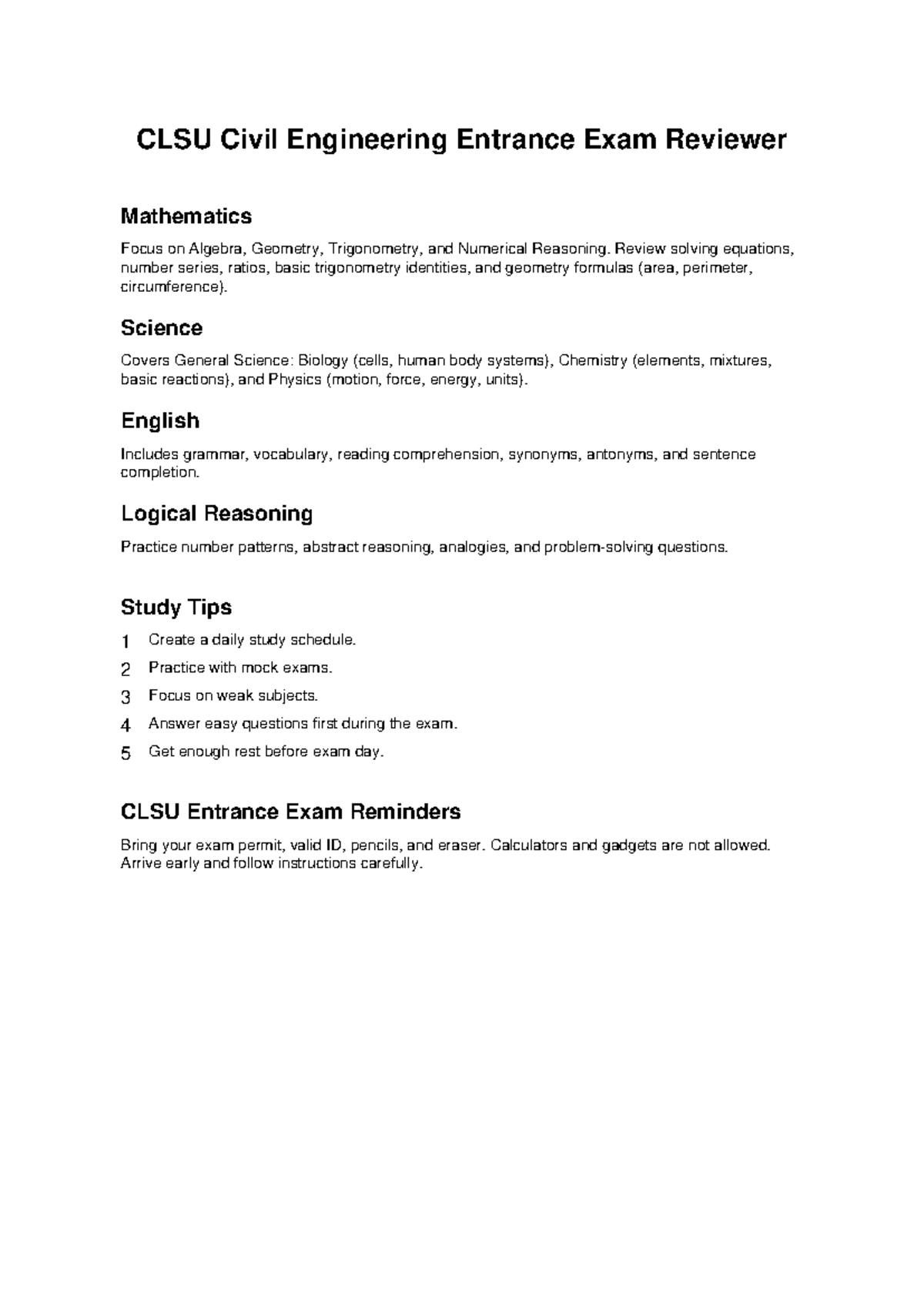 CLSU Civil Engineering Entrance Exam Reviewer: Math, Science, English ...