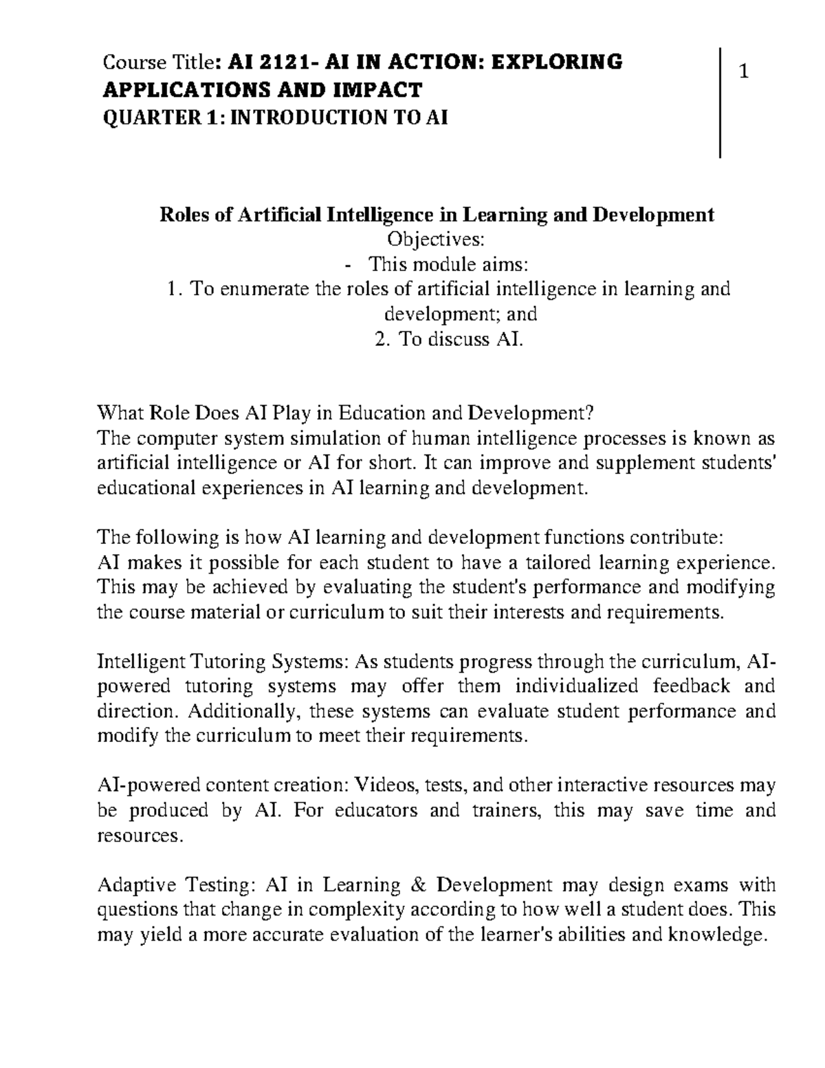 AI IN ACTION: EXPLORING APPLICATIONS & IMPACT - Q1 INTRO TO AI - Studocu