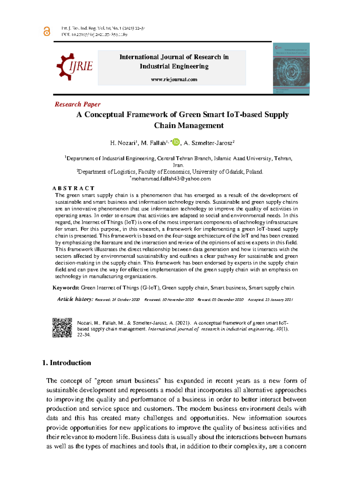 A Conceptual Framework for Green Smart Supply Chain Management (IE 101 ...