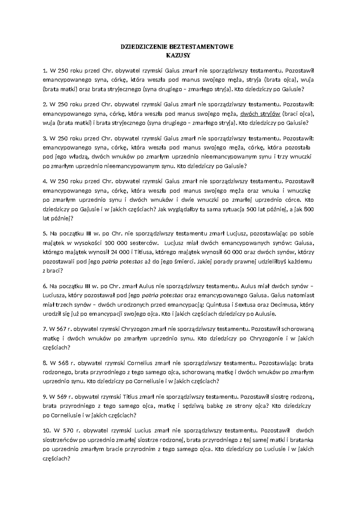 Kazusy DZIEDZICZENIE BEZTESTAMENTOWE 2026 - Studocu