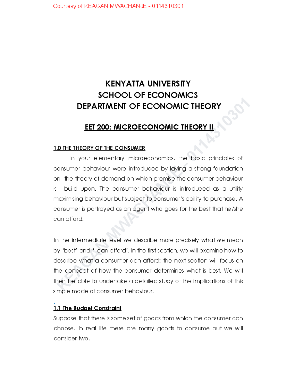 EET 200: Microeconomic Theory II - Consumer Behavior Notes - Studocu