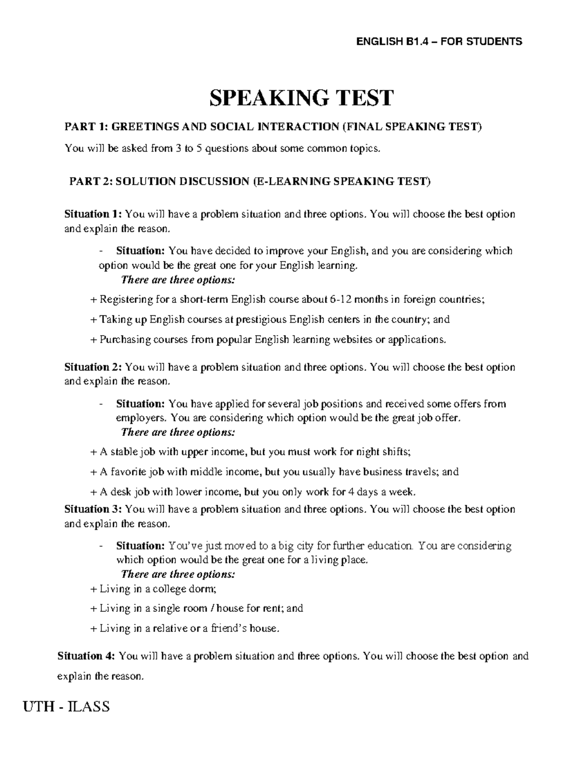 Updated - ORAL ENGLISH B1.4 - FINAL SPEAKING TEST GUIDE - Studocu