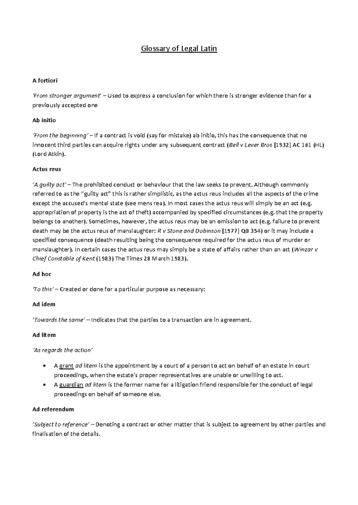 Legal Latin Glossary: Key Terms and Definitions for Law Students - Studocu