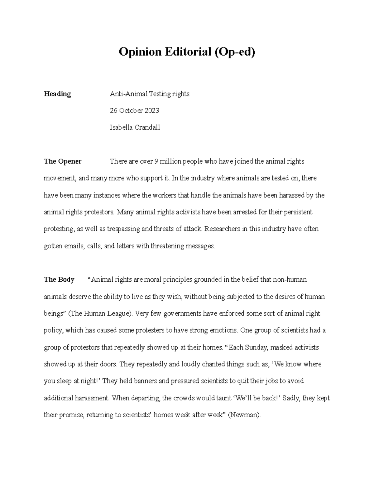 Op-Ed Final Draft: Anti-Animal Testing Rights Perspective - Studocu