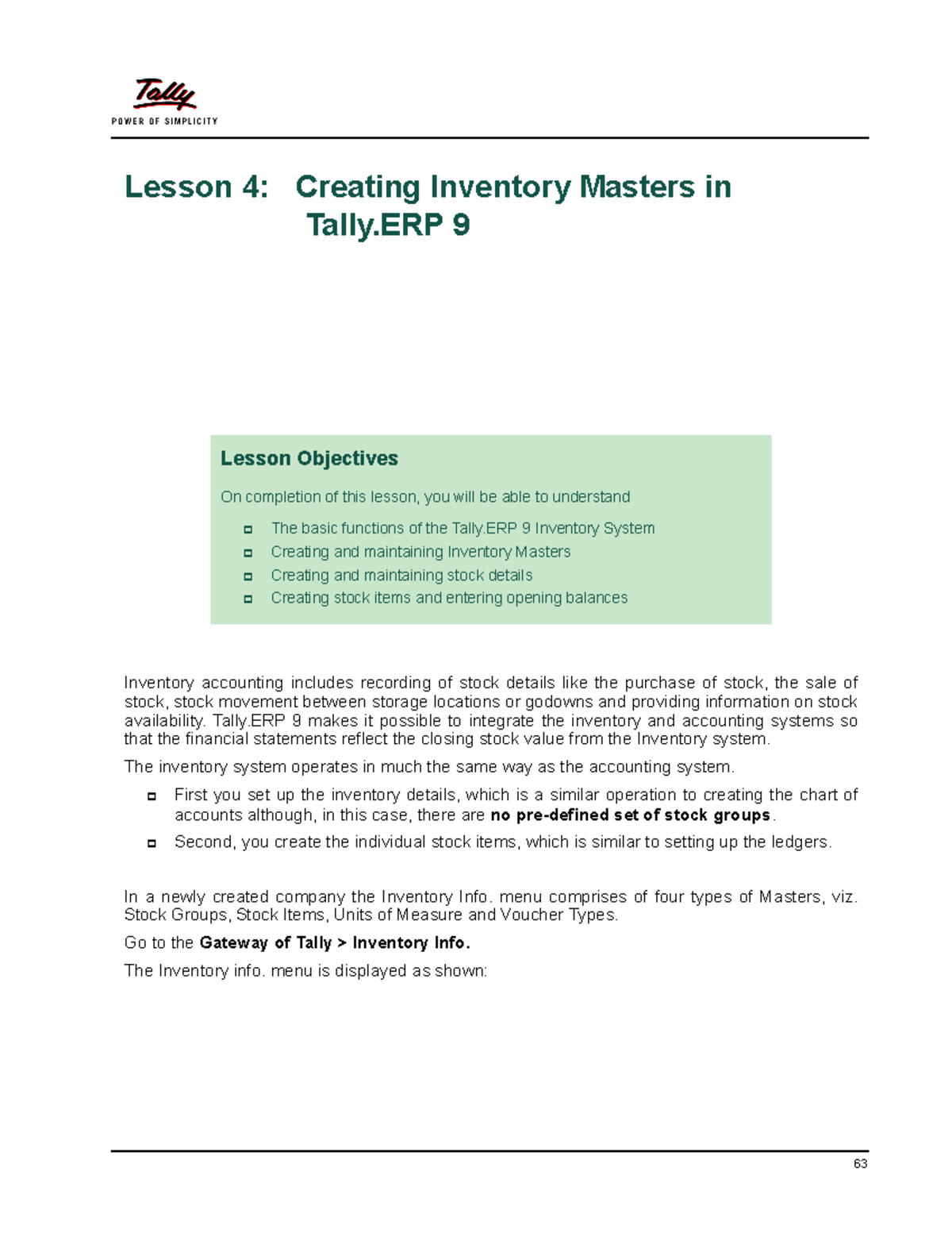 04 Tally 9: Creating Inventory Masters Lesson Overview - Studocu