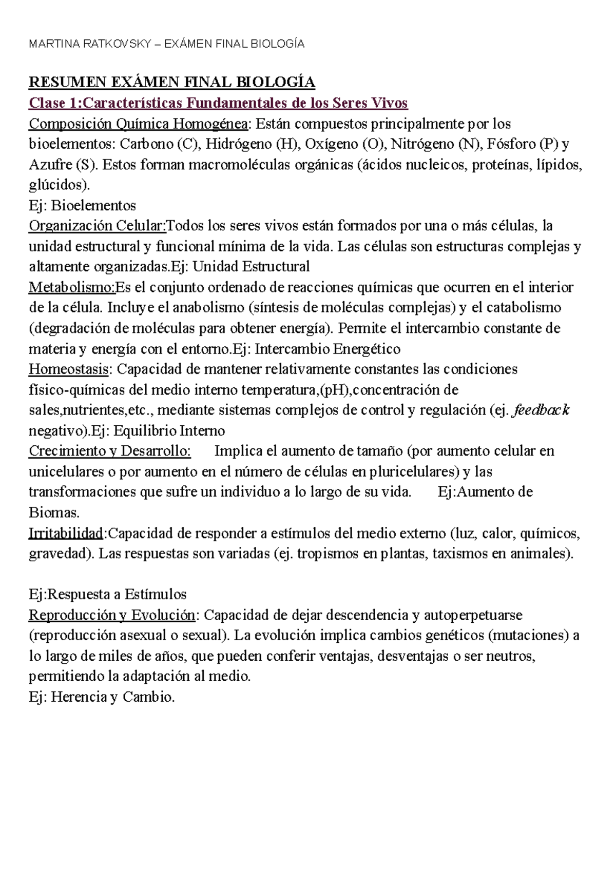 Resumen Examen Final BIOLOGÍA 1: Características de los Seres Vivos ...