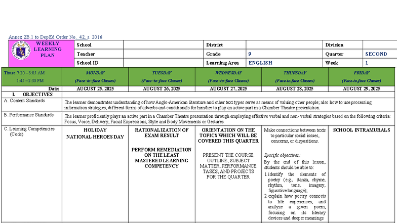 English 9 WLP Q2 WEEK 1 Teacher's Learning Plan - Studocu