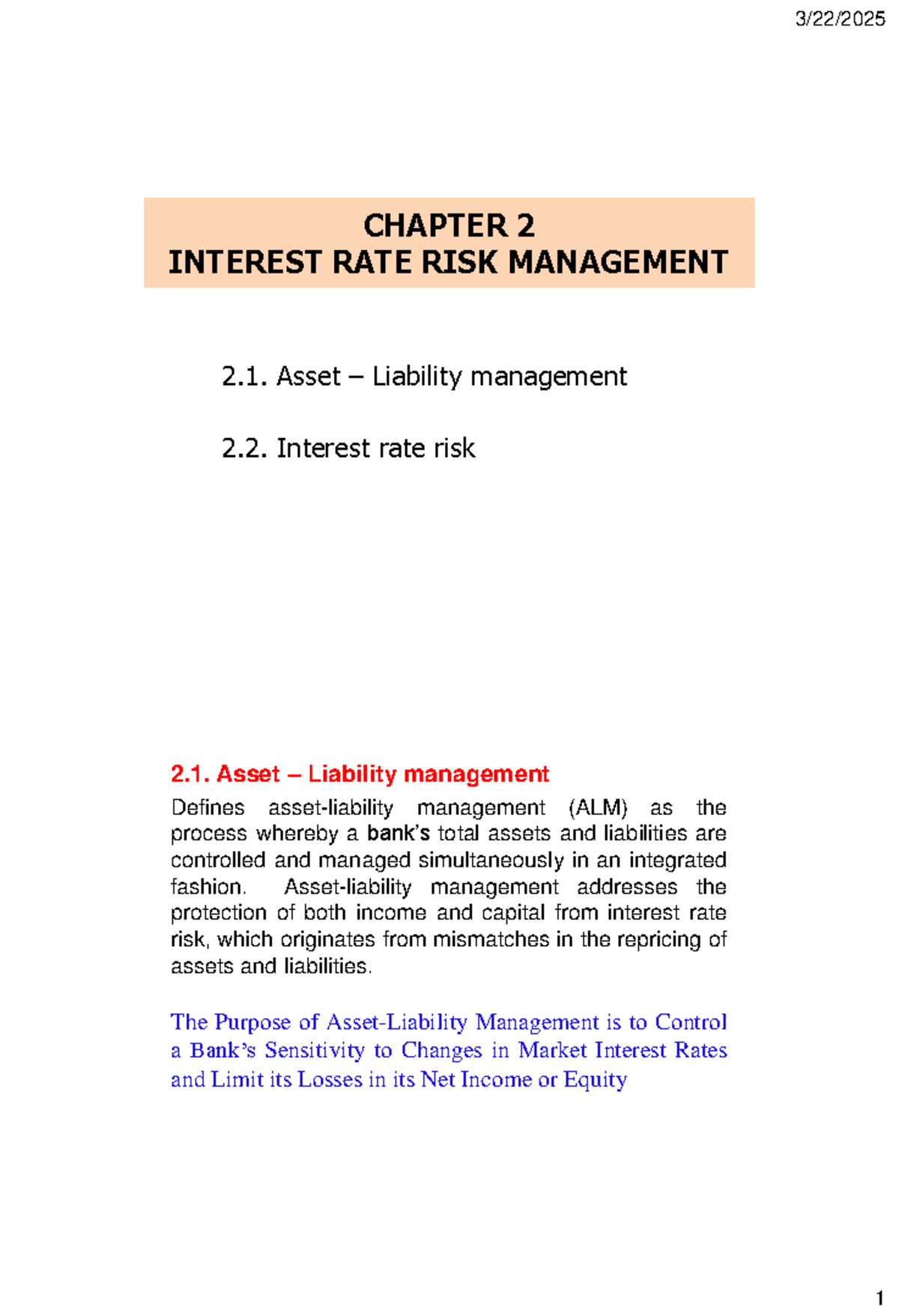 C2 - CHAPTER 2: Interest Rate Risk Management and ALM - Studocu