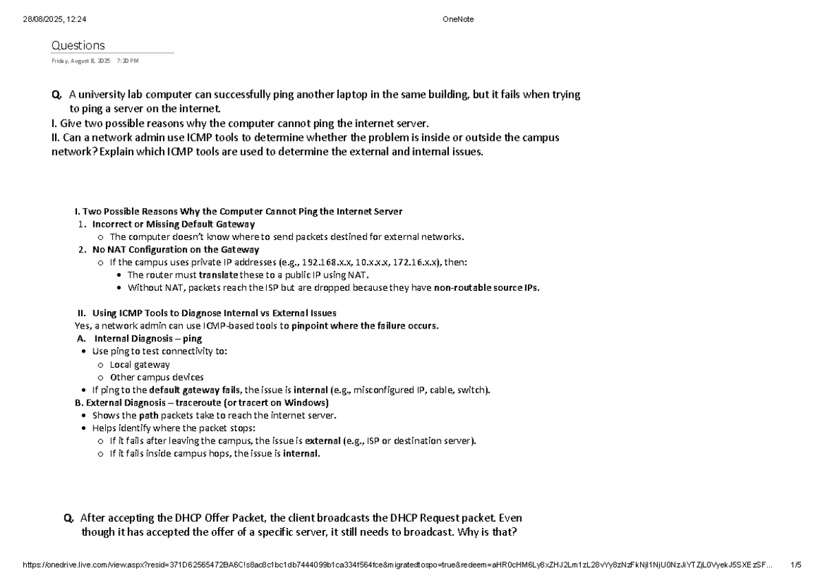 Lecture 9 Sample Q&A: Networking Issues & DHCP Insights - Studocu