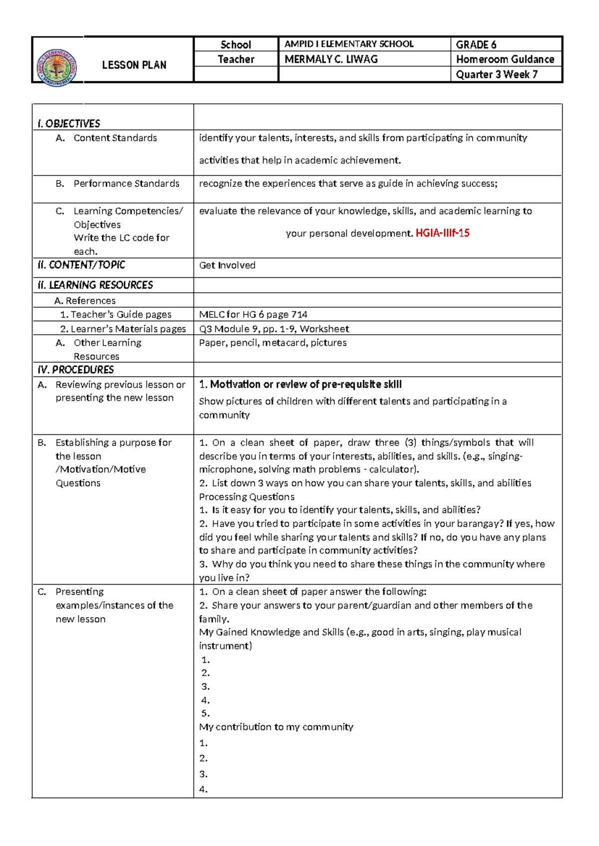 HG LP Grade 6 Lesson Plan: Get Involved - 3rd Quarter, Week 7 - Studocu