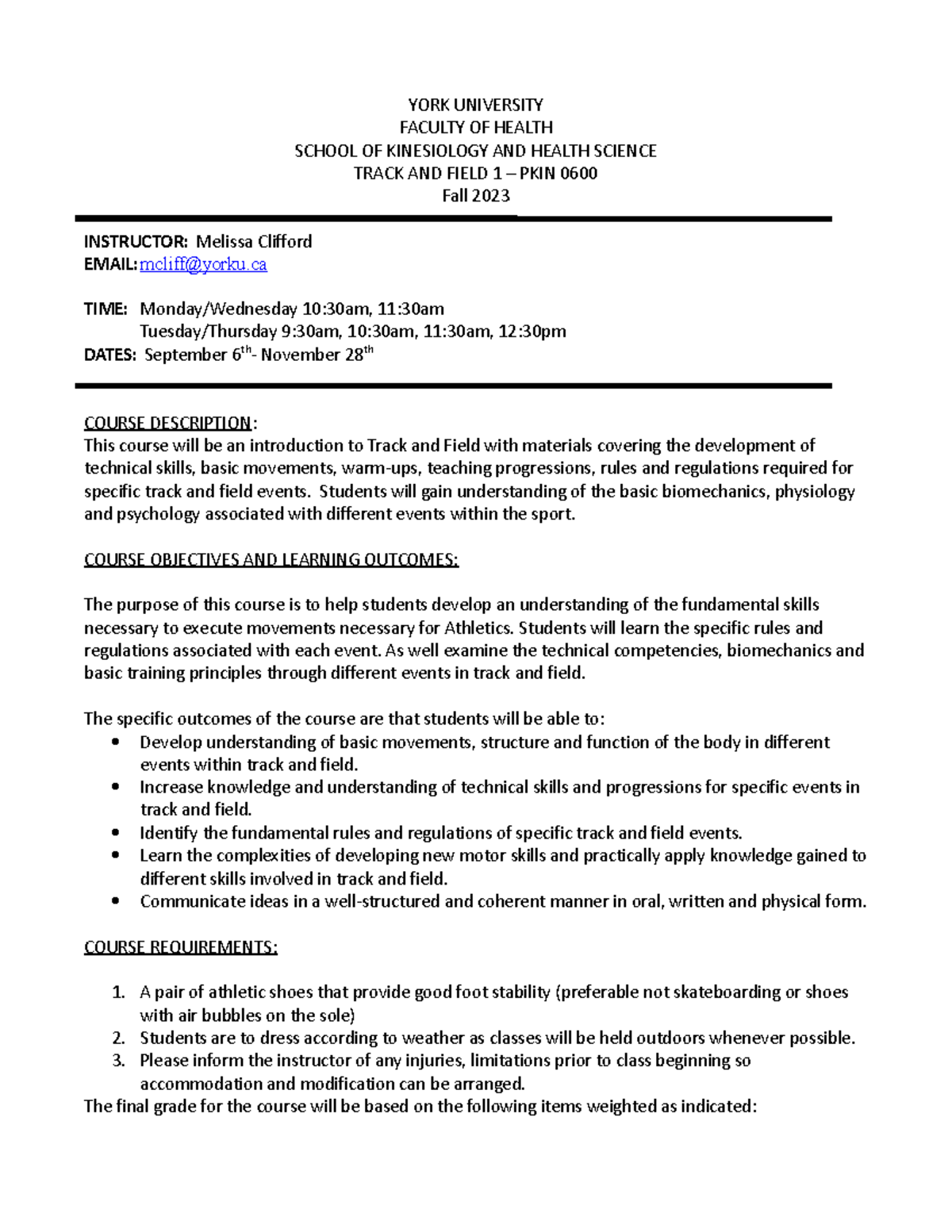 Track and Field 1 Course Outline - PKIN 0600 (Fall 2023) - Studocu