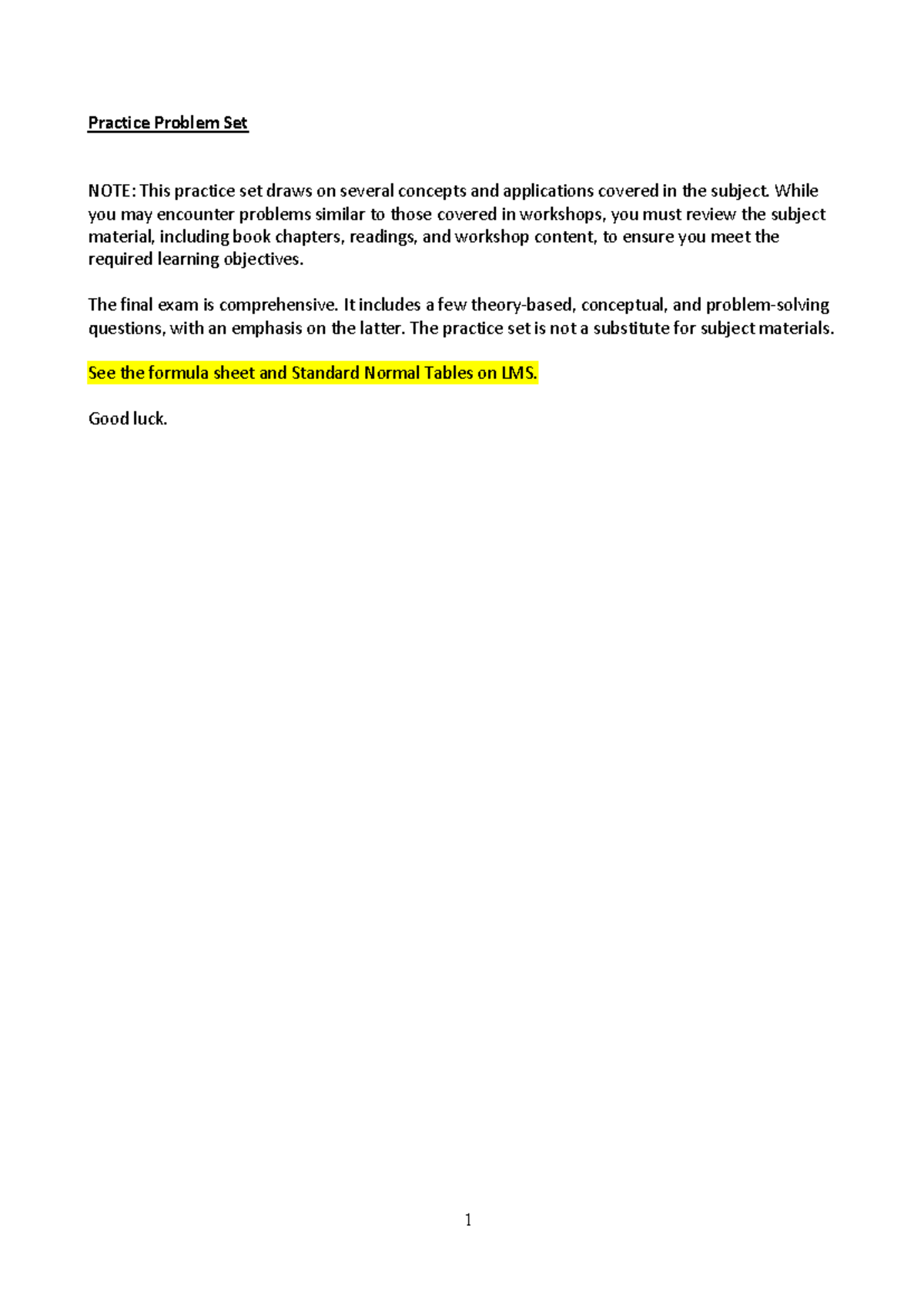 FIN3001 Practice Problem Set for Final Exam Preparation - Studocu