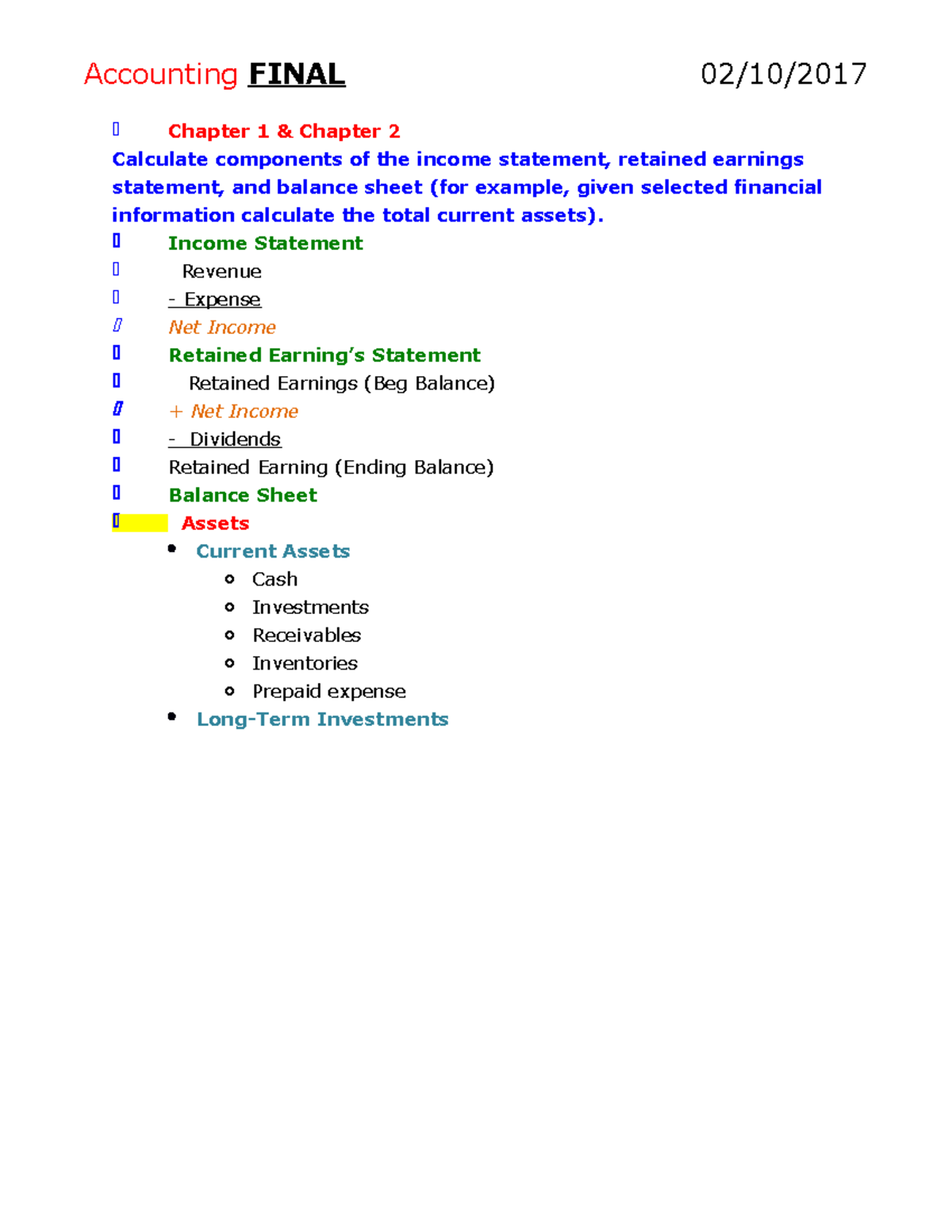 Acct 2101 Final Exam Study Guide: Key Concepts & Financial Statements ...