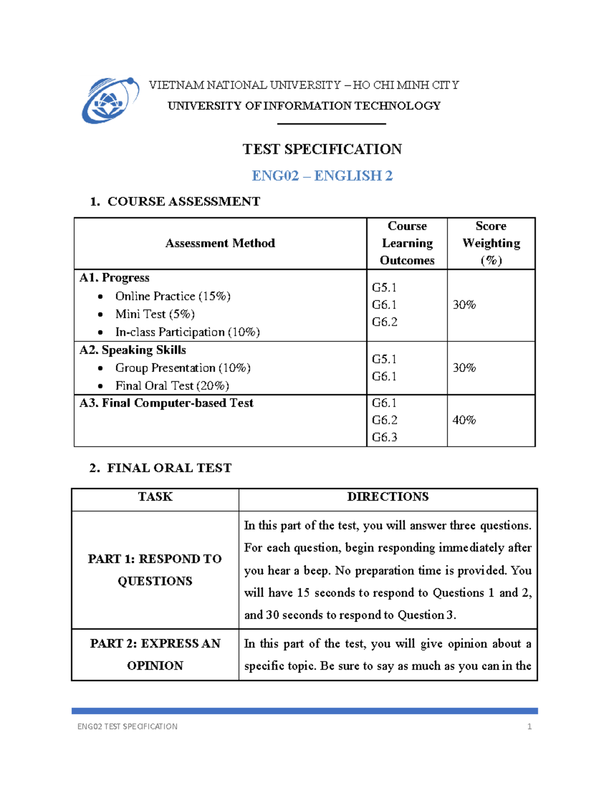 ENG02 Test Specification for English 2 Course Assessment Details - Studocu