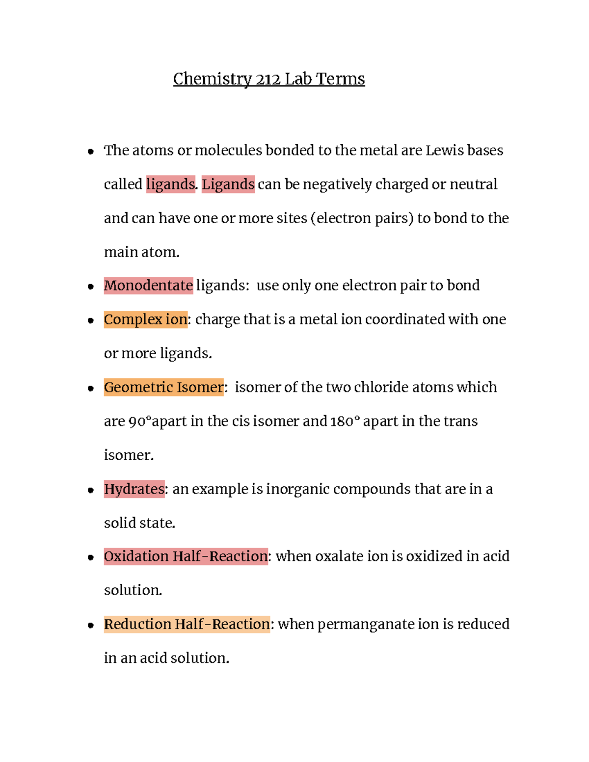 Chemistry 212 Lab: Key Terms and Concepts Overview - Studocu