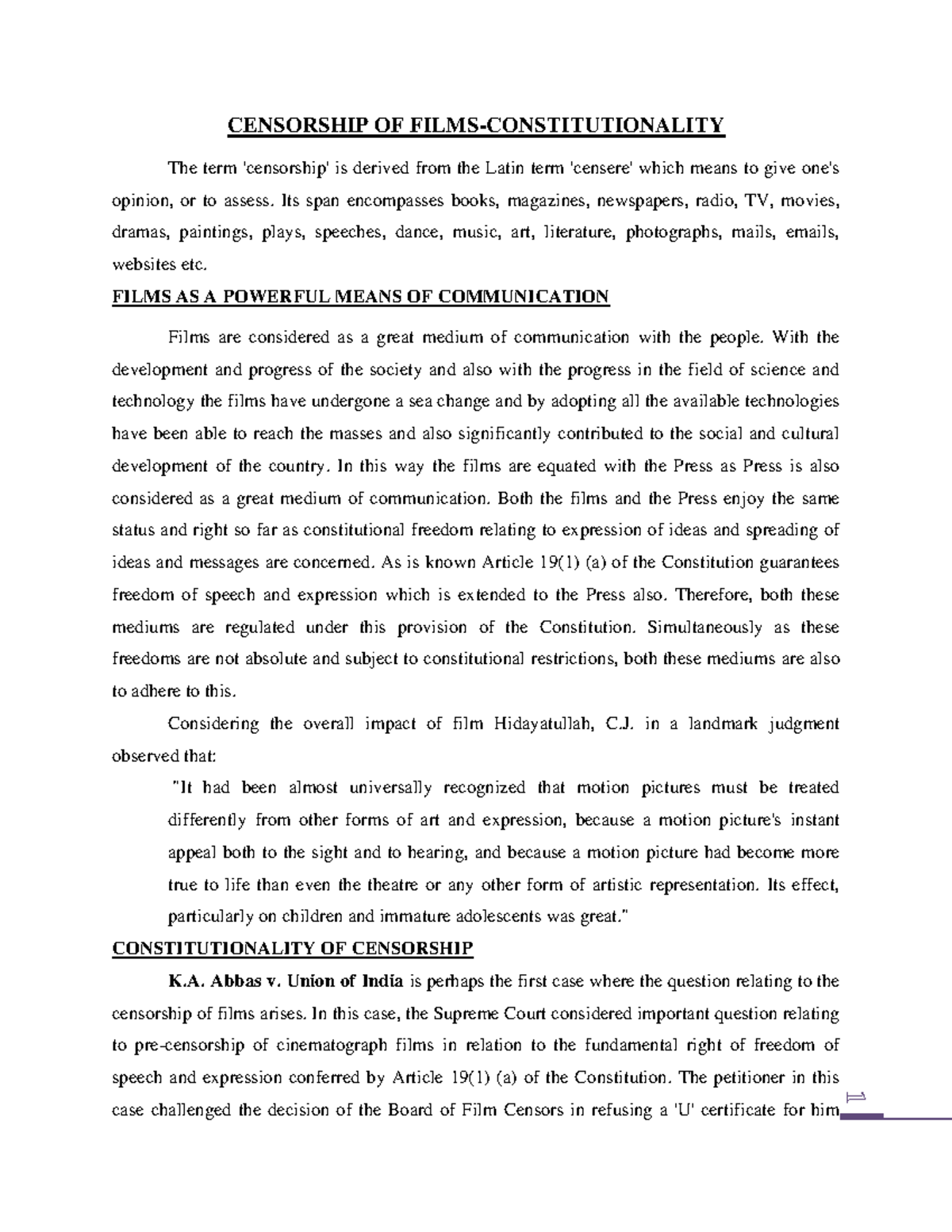 Censorship-OF- Films - Notes - CENSORSHIP OF FILMS-CONSTITUTIONALITY ...