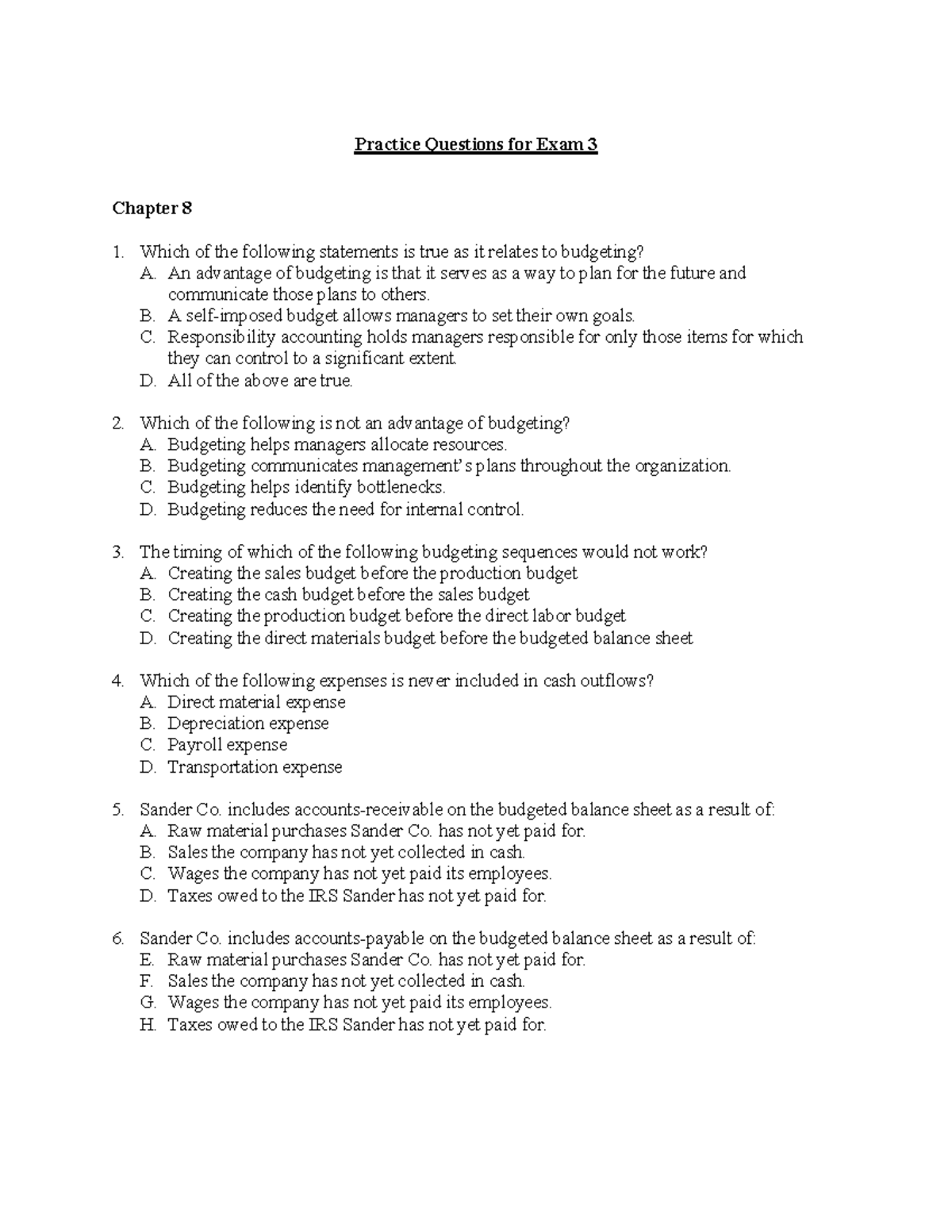 ACCT285 Practice Exam 3: Budgeting and Variance Analysis Questions ...