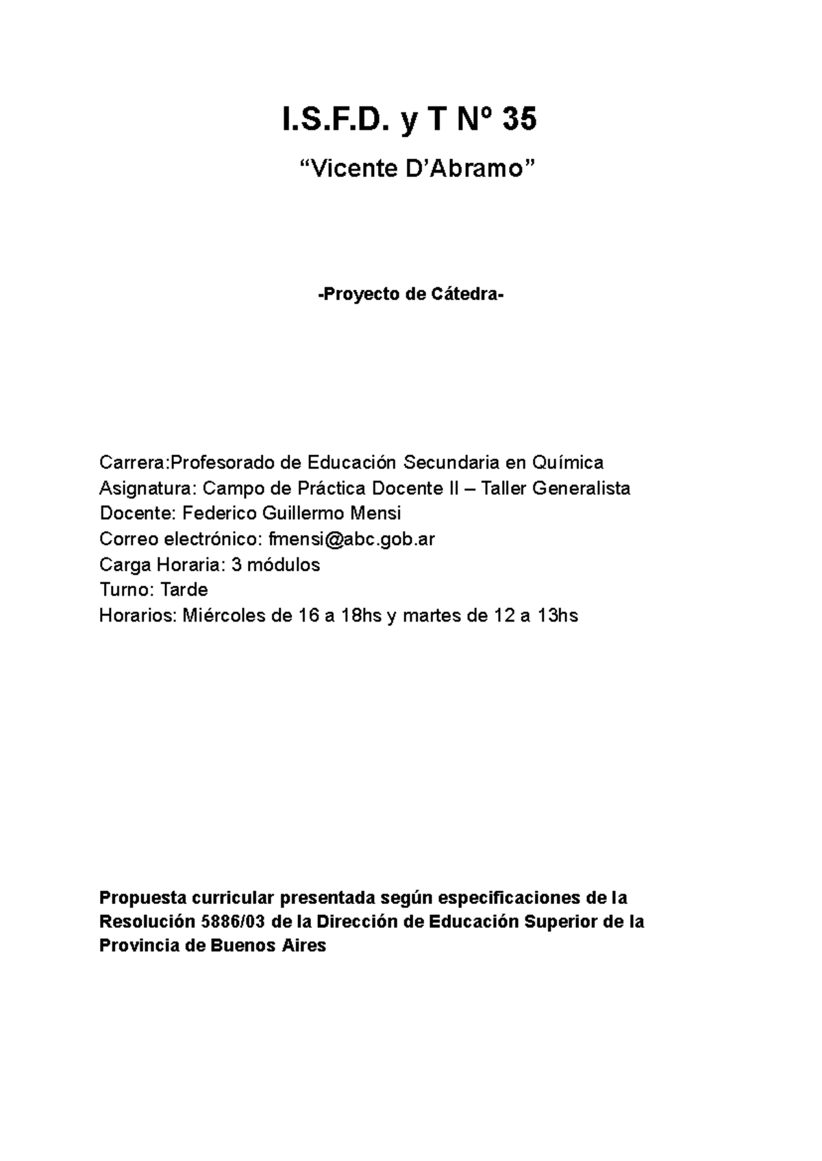 Proyecto para Campo de Práctica Docente II Generalista - Química 2025 - Document Preview