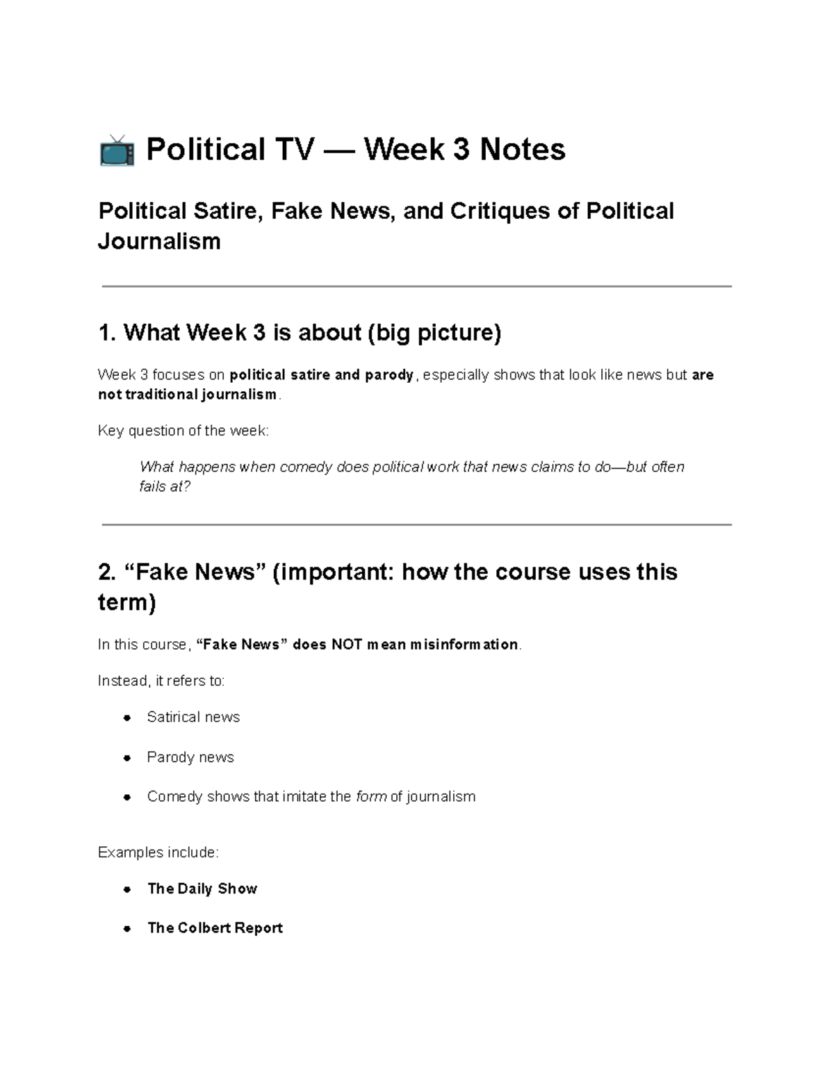 PS Week 3 Notes: Political Satire, Fake News, and Journalism Critiques ...