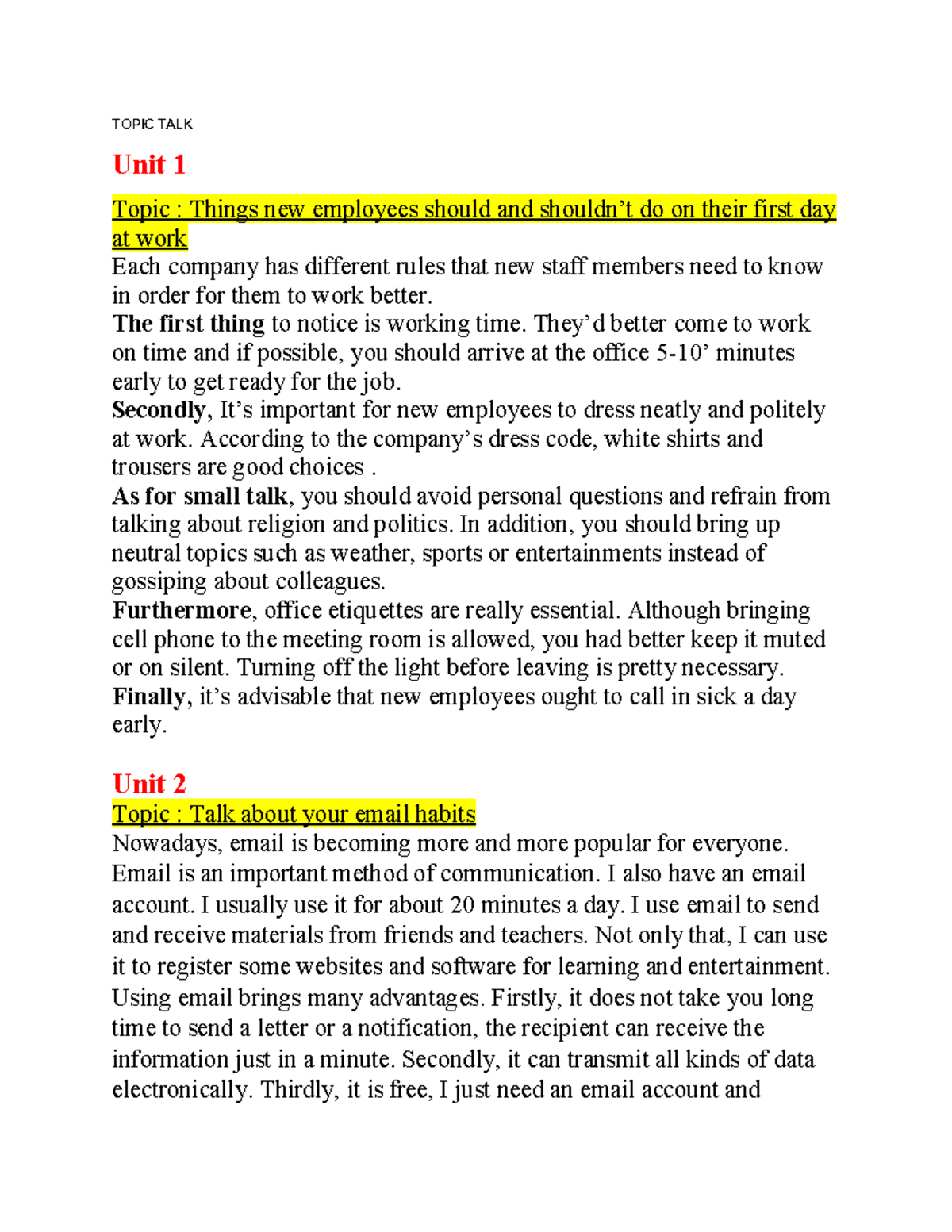 Topic TALK - talk - TOPIC TALK Unit 1 Topic : Things new employees ...
