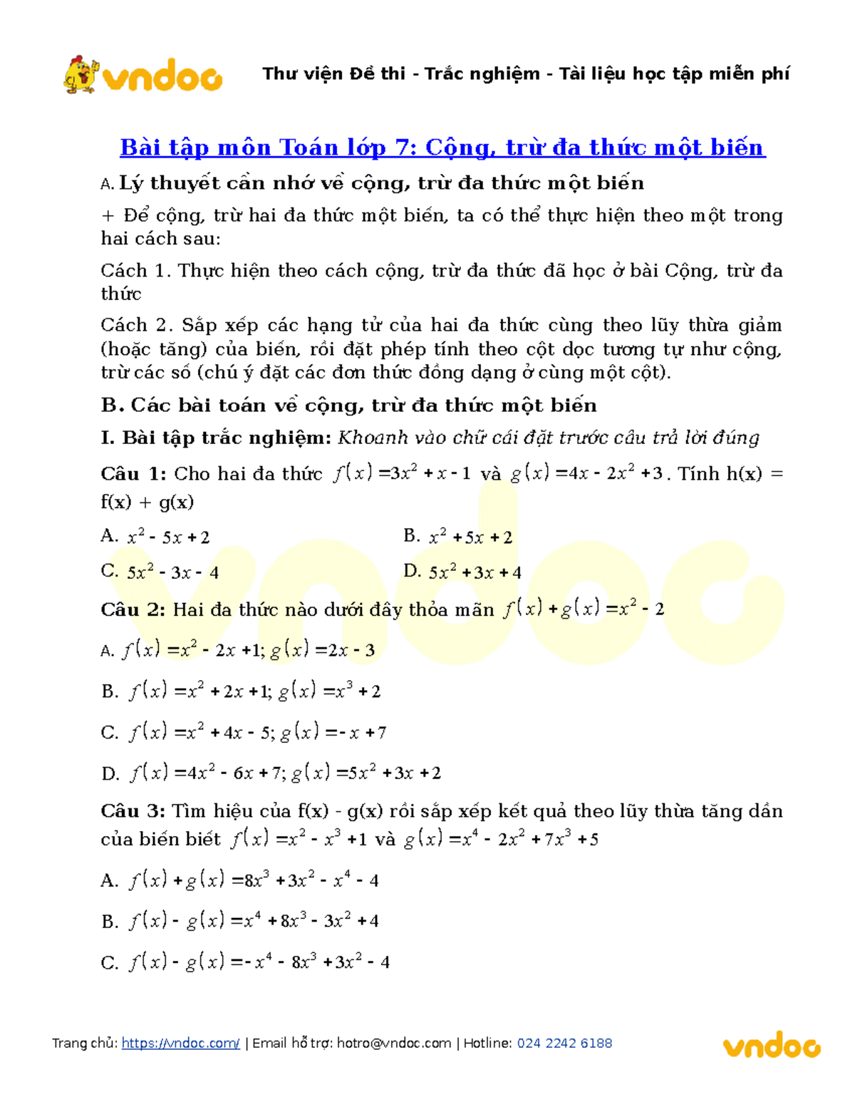 Bai tap cong tru da thuc mot bien toan lop 7 - Bài tập môn Toán lớp 7 ...
