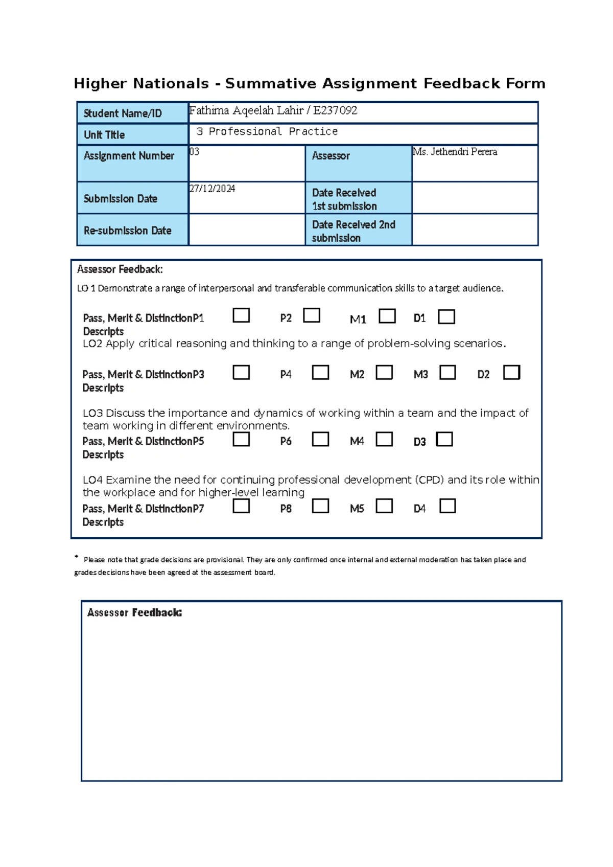 BTEC HND Computing Unit 01 Programming assignment feedback form - Studocu