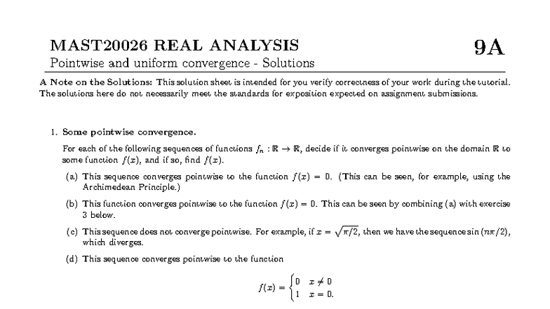 9A MAST20026 REAL ANALYSIS Tutorial 9A Solutions on Convergence - Studocu