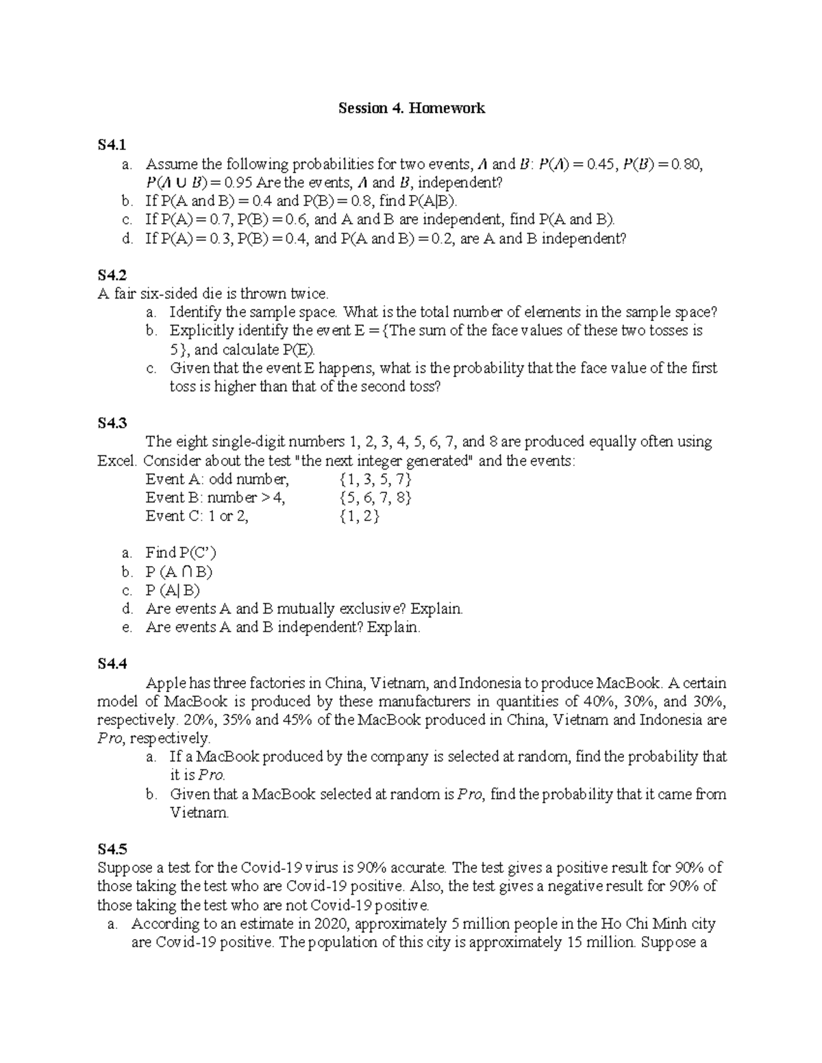 HW Session 4 - Homework chapter 4 of Lecturer - Session 4. Homework S4 ...