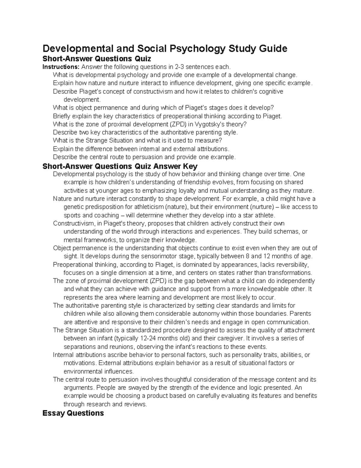 PSYC 100 Developmental & Social Psychology Study Guide Quiz - Studocu