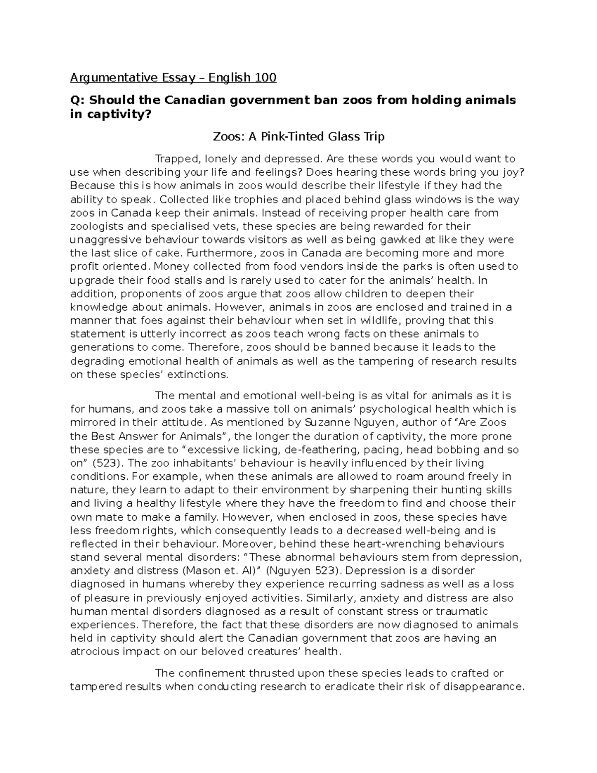 Argumentative Essay: Should Canada Ban Zoos? - ENG 100 - Studocu