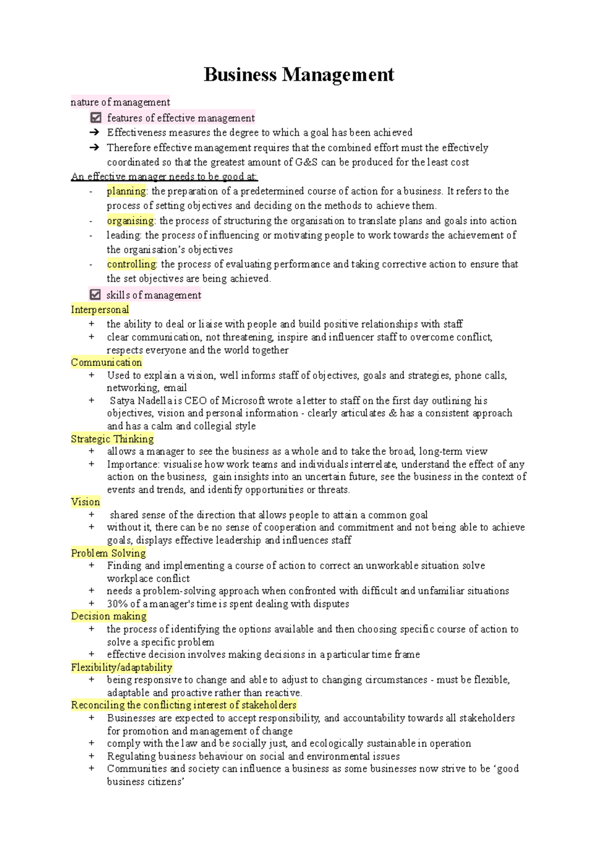 Business Management Prelim Exam Study Notes (BIZ101) - Studocu