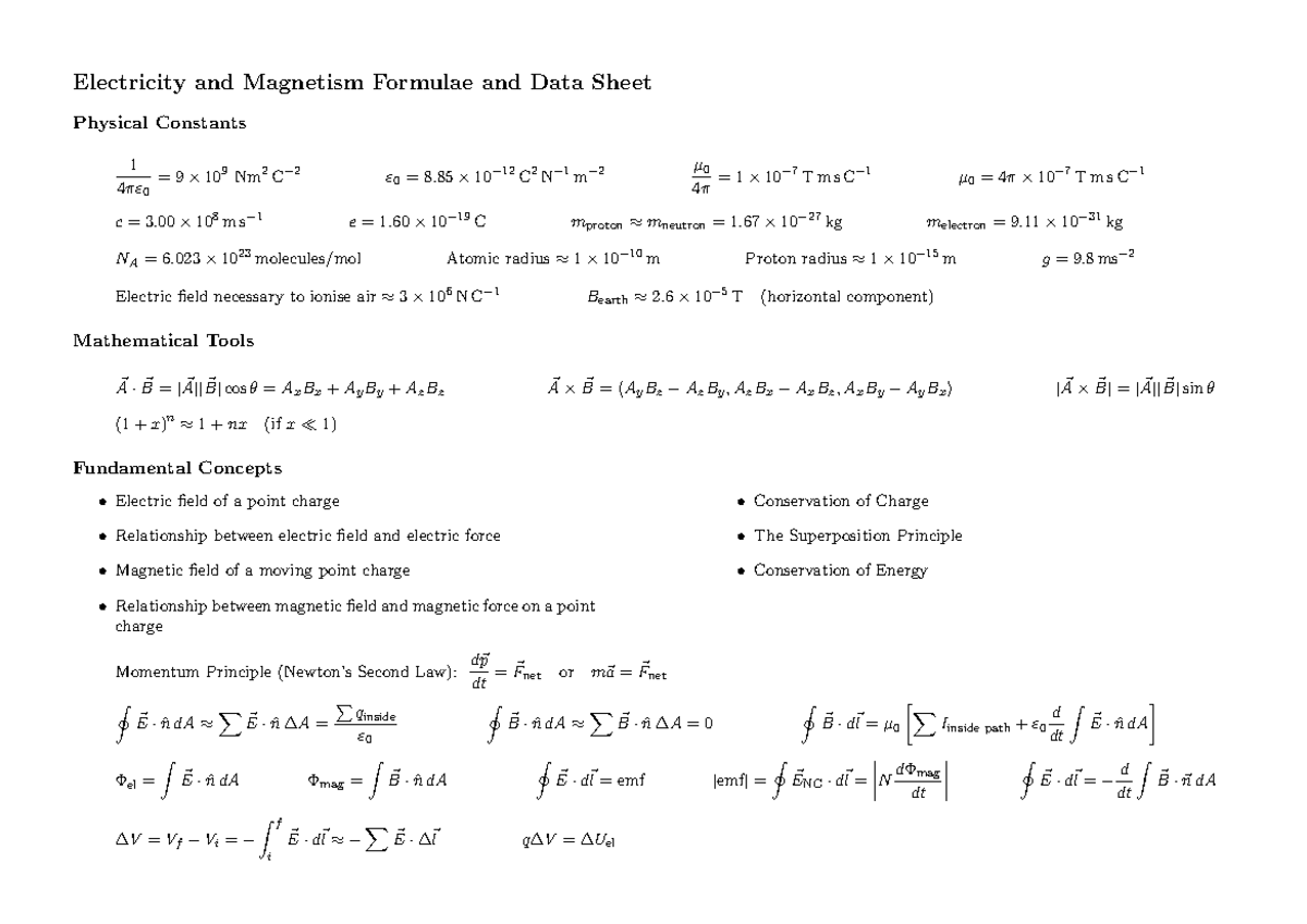 EM Formulae and Data Sheet for Physics Constants and Concepts - Studocu