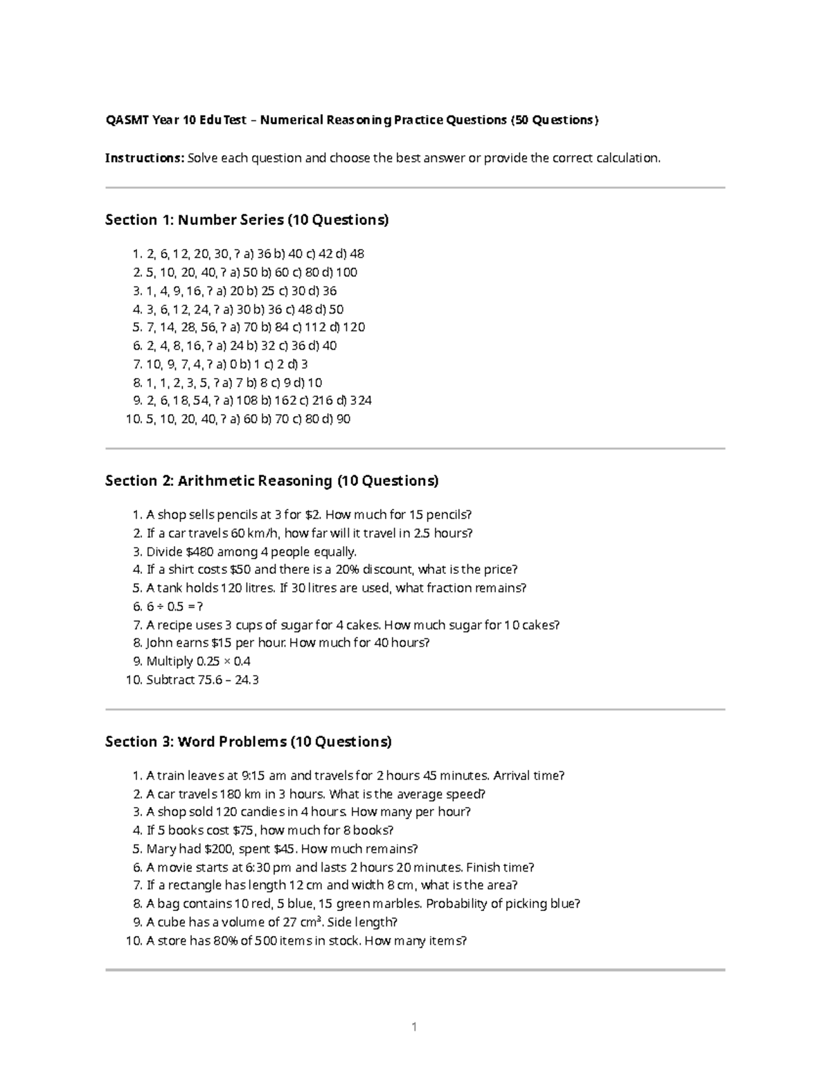 QASMT Year 10 EduTest Numerical Reasoning Practice (50 Qs) - Studocu