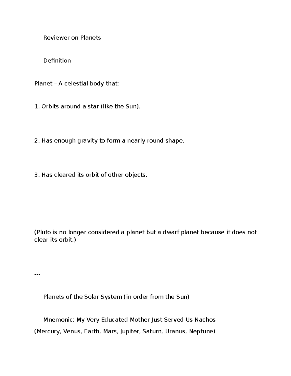 Planet Reviewer: Definition and Overview of Solar System Planets - Studocu