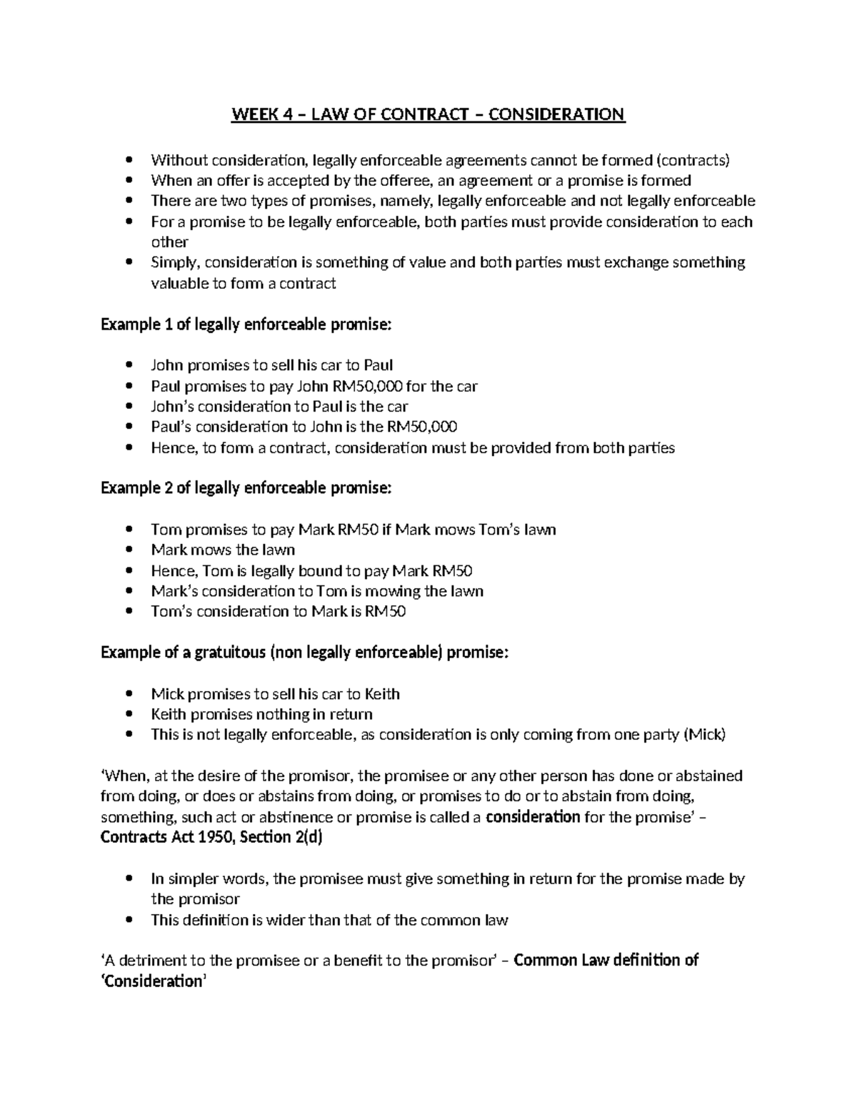 WEEK 4 LAW OF CONTRACT: Understanding Consideration Principles - Studocu