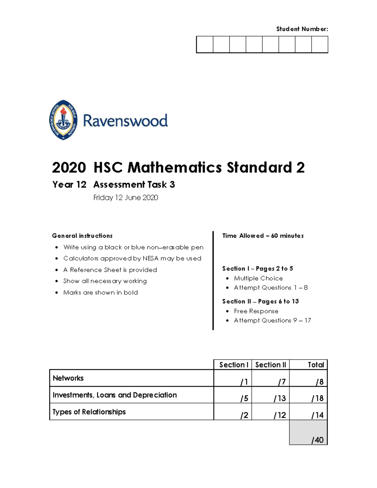 2020 12MAS2 Assessment Task 3 - Mathematics Standard 2 Exam Paper - Studocu
