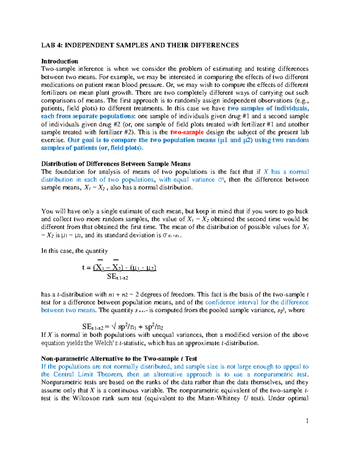 LAB 4: Independent Samples & Mean Differences Analysis - Studocu
