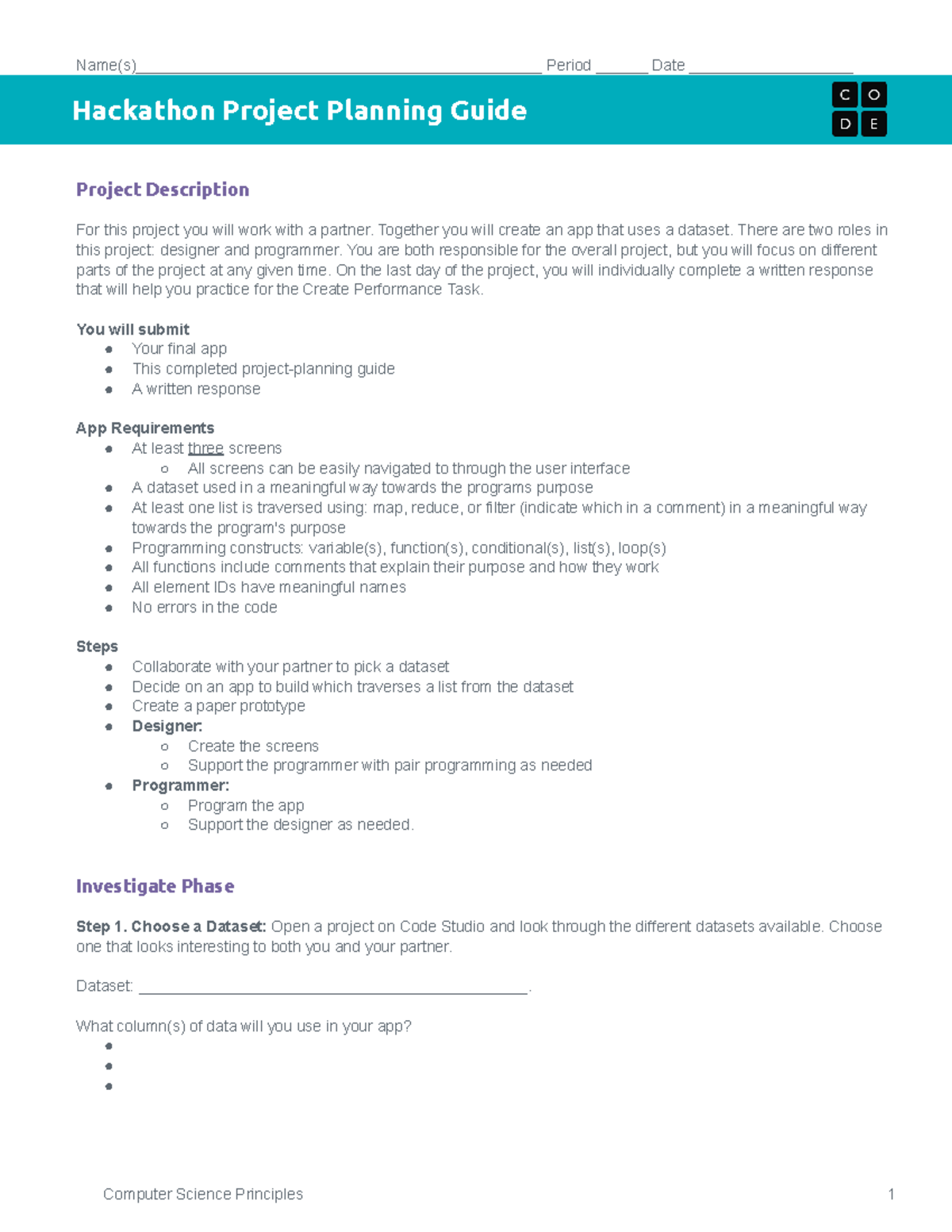 CSP Unit 6 Hackathon Project Planning Guide - Name(s