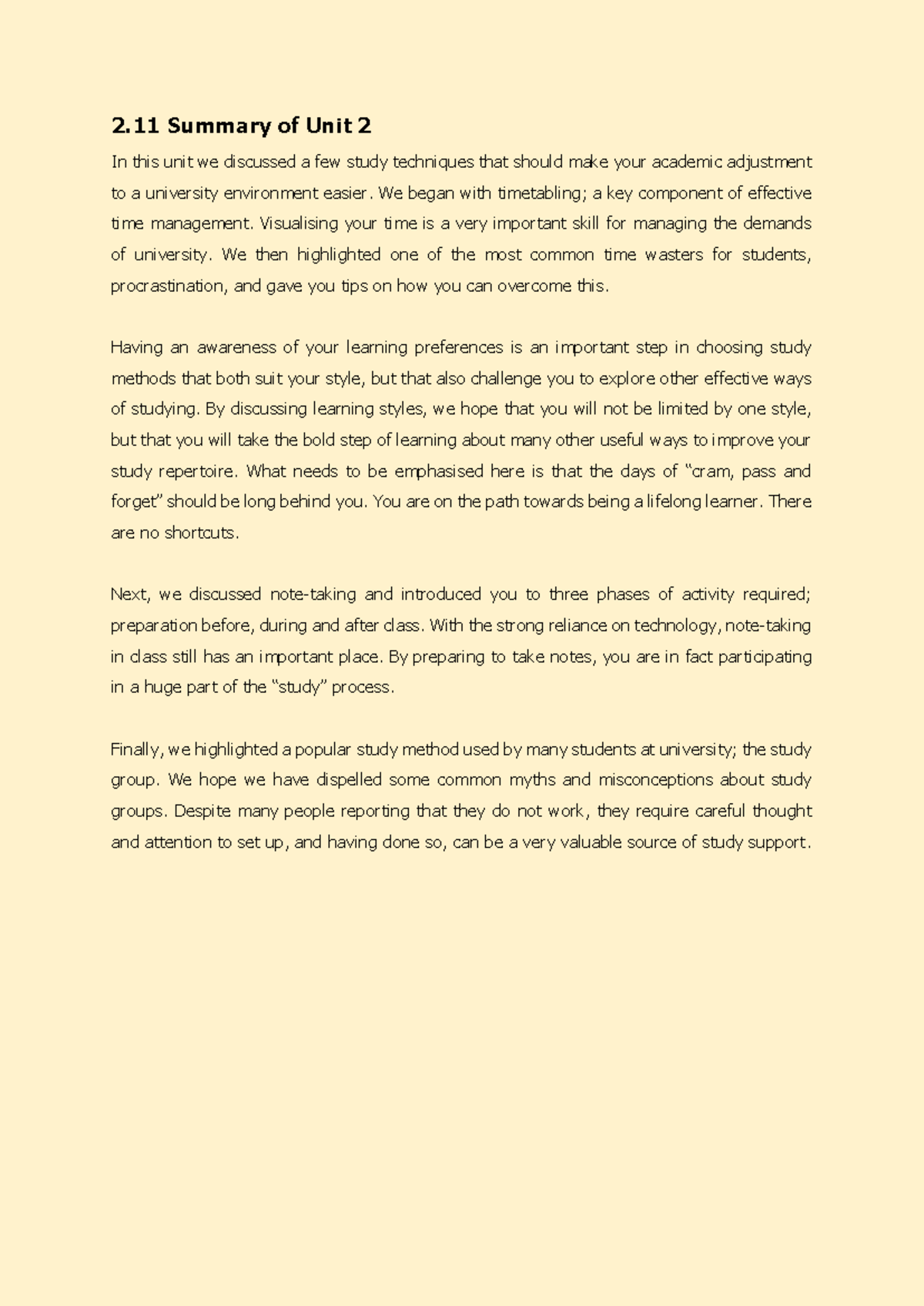 Unit 2 Study Techniques Summary: Time Management & Learning Styles ...