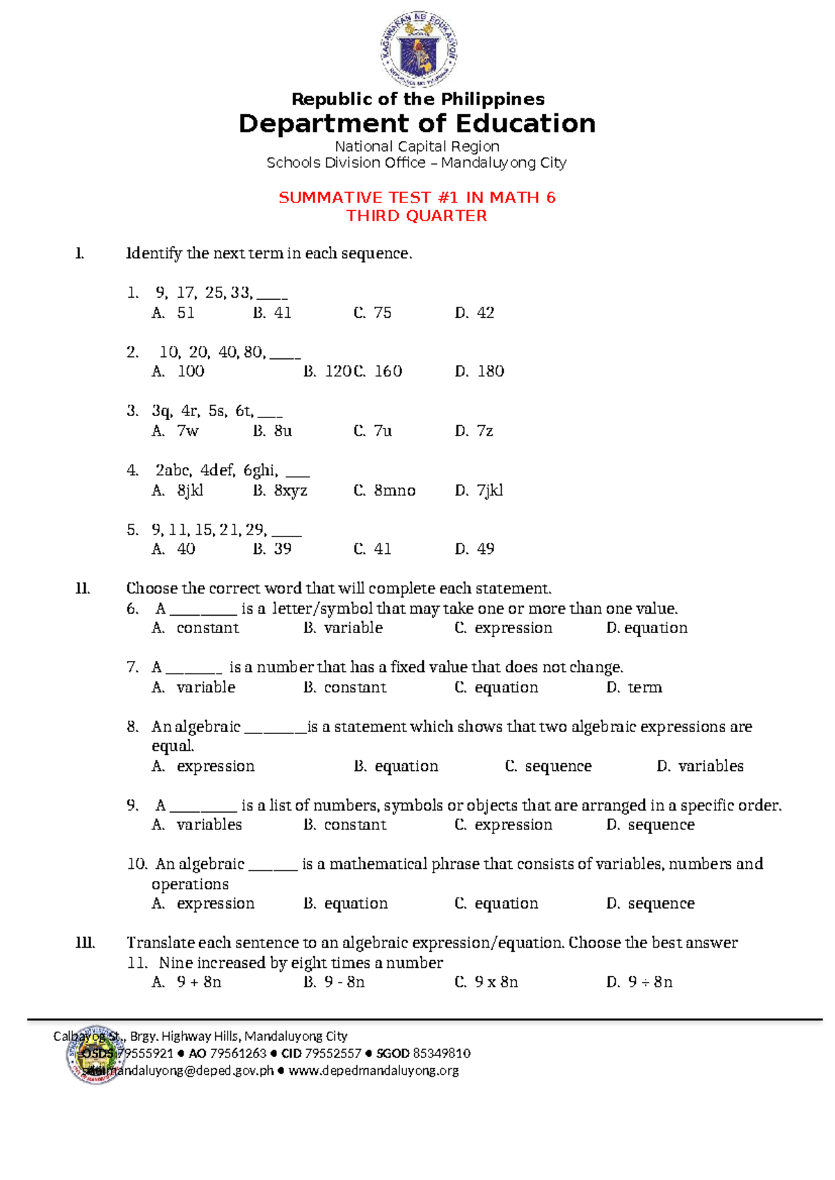 MATH 6 - Summative Test for Third Quarter Assessment - Studocu