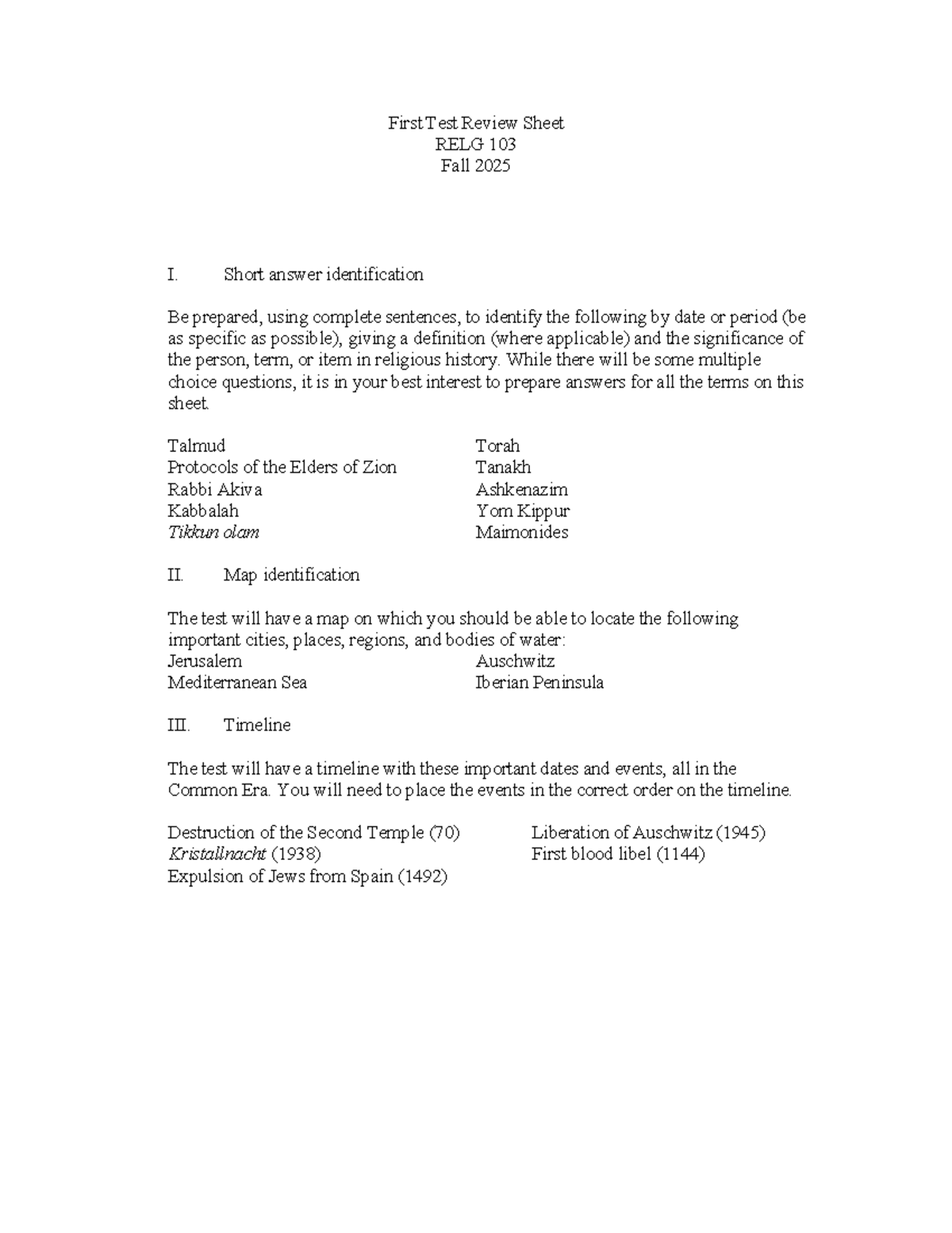 RELG 103 First Test Review Sheet - Fall 2025 - Studocu