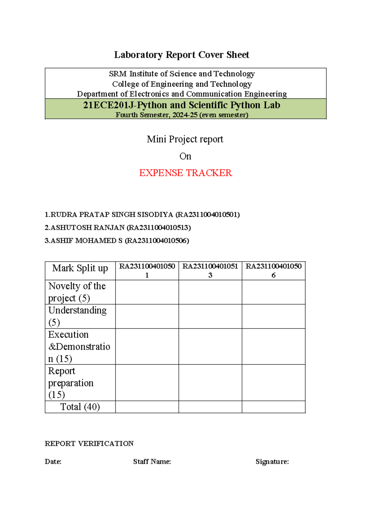 Mini Project Report: Expense Tracker in Python for SRM ECE 4th Sem ...