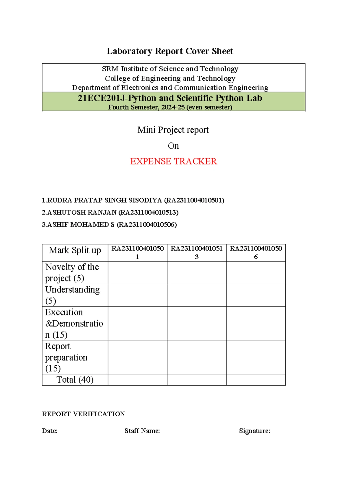 Mini Project Report: Expense Tracker in Python (SRM ECE 4th Sem) - Studocu