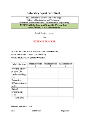 Mini Project Report: Expense Tracker in Python (SRM ECE 4th Sem) - Studocu