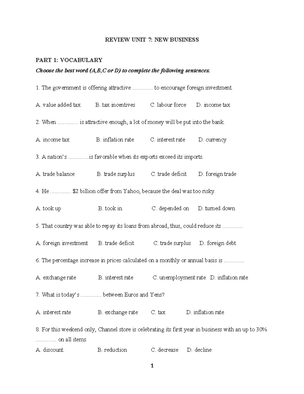 REVIEW UNIT 7: NEW BUSINESS VOCABULARY & GRAMMAR EXERCISES - Studocu