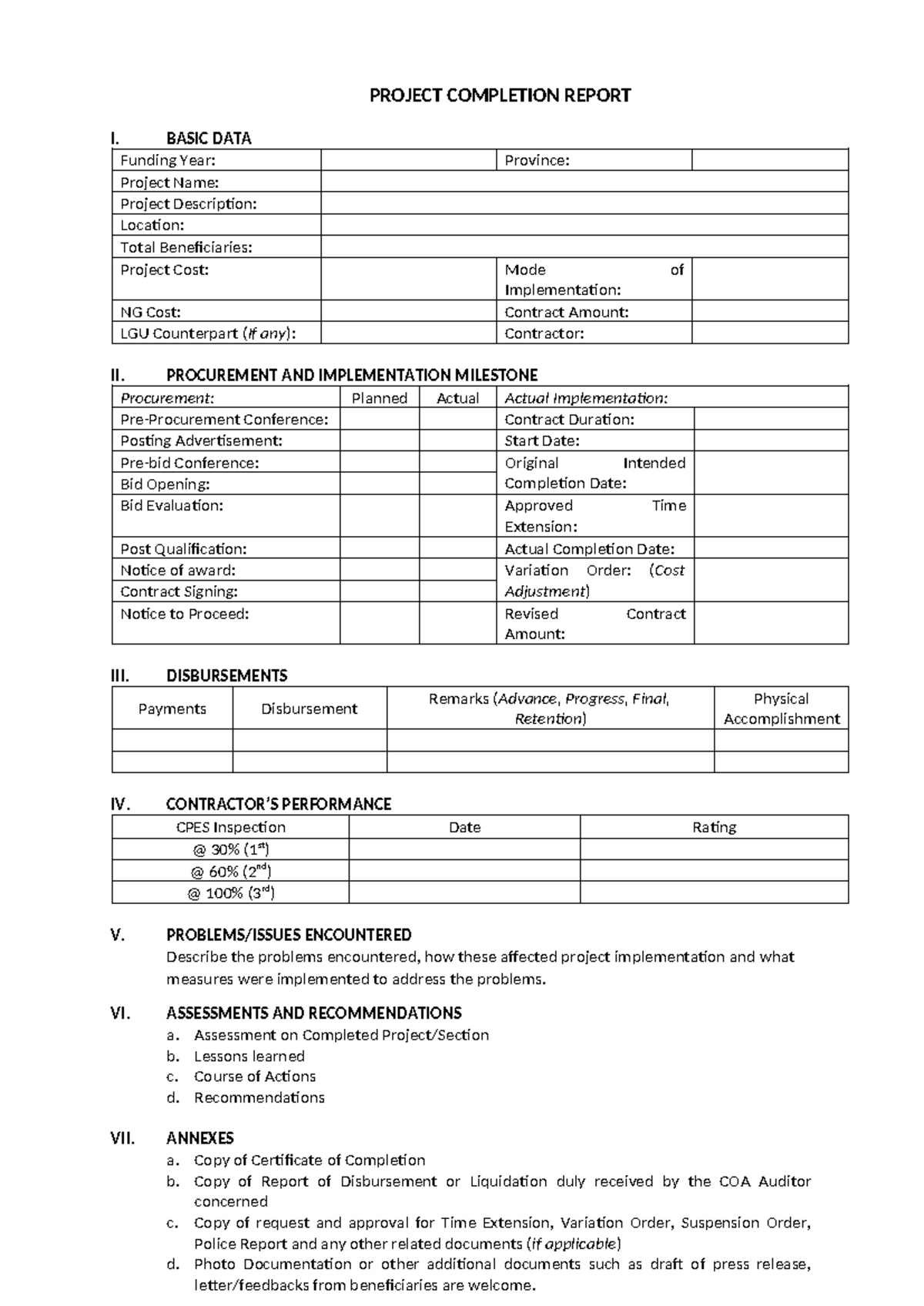 Annex J - Project Completion Report Template for Funding Year - Studocu