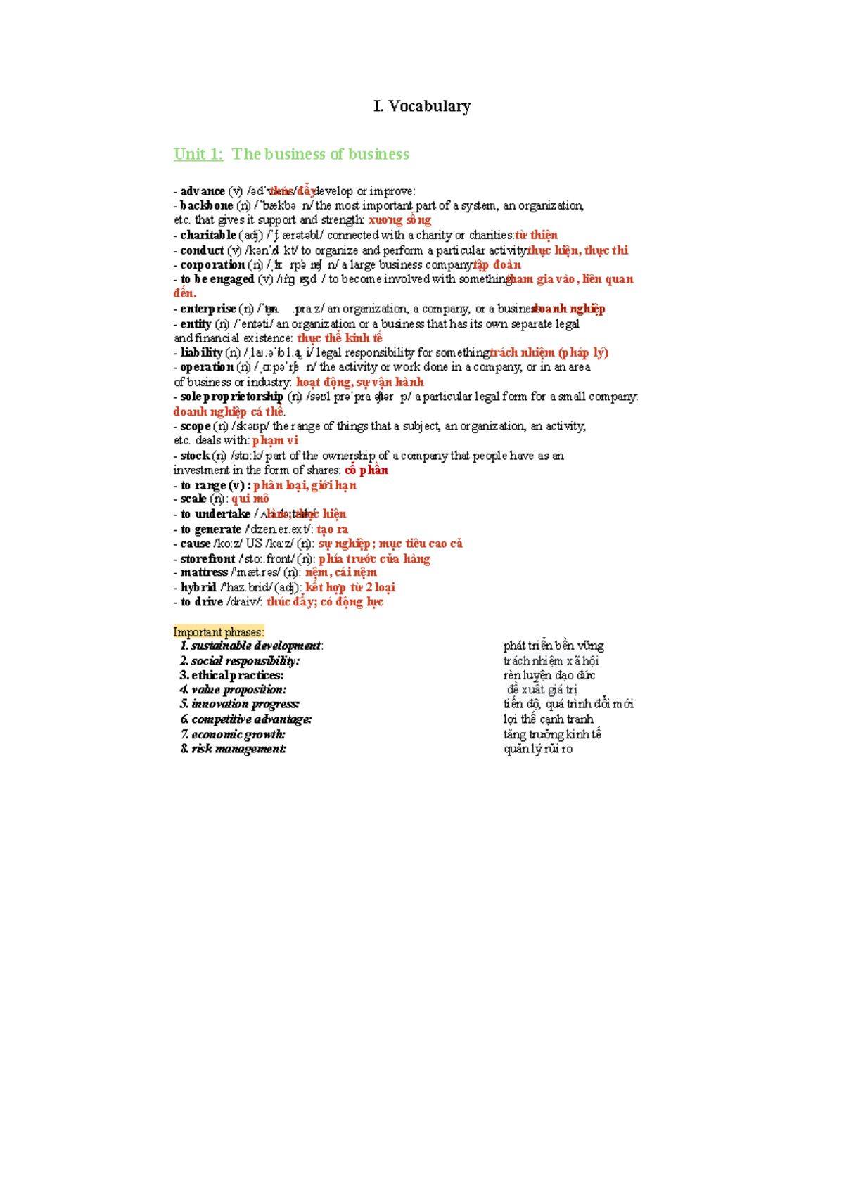 COB1 Vocabulary Summary for Business Units - Study Guide - Studocu