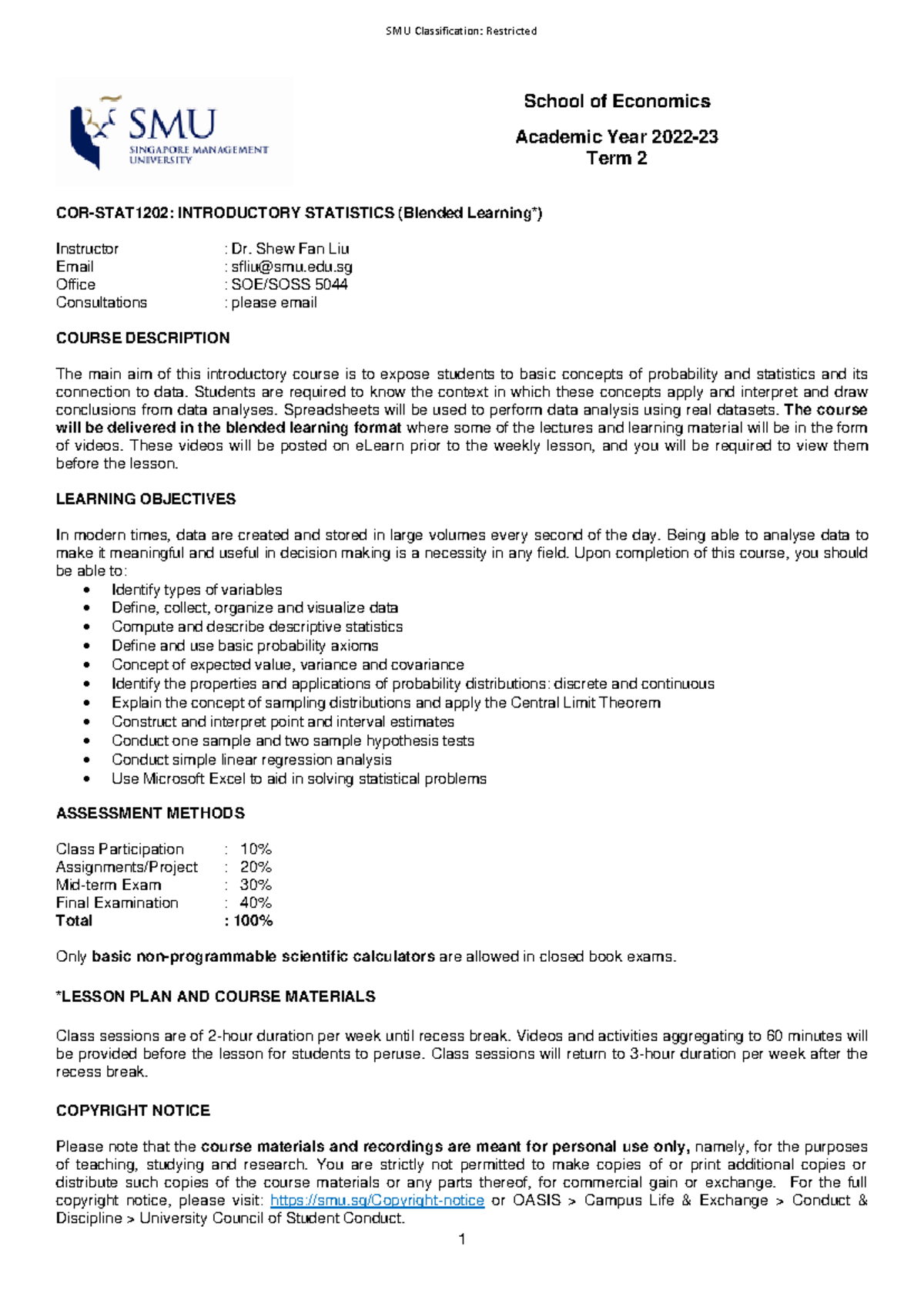 COR-STAT1202: Introductory Statistics Course Outline, BL 2223 T2 - Studocu