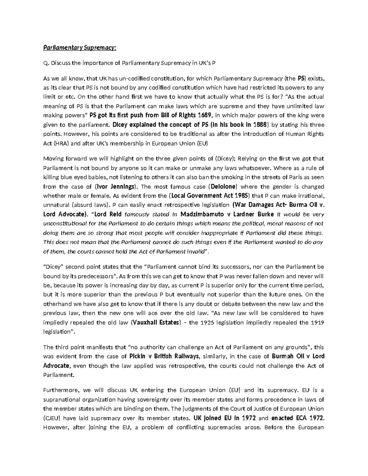 PS 2 - Parliamentary Supremacy in UK's Public Law Notes - Studocu